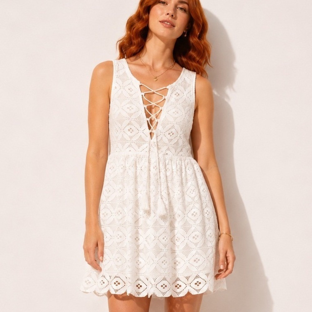 Entro Lace Mini Dress Womens Large Lace Up V-Neck Tassel Boho White